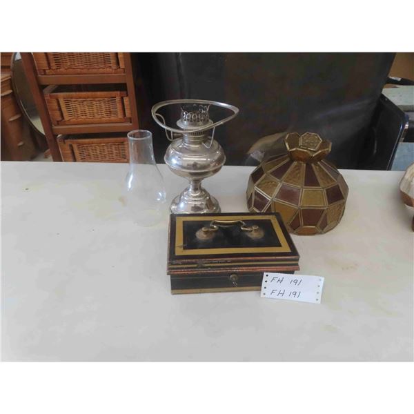 Oil Lamp No Chimney, Stained Glass Style Shade, Glass Chimney, Vintage Metal Lock Box
