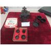 Image 1 : Mini Cast Stove with Pots and Pans , New Old Stock 4 Piece Grey Craft Pots and Pans