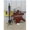 Image 1 : Fireplace Tool Set with Stand, Black Smith Iron , Wood Wall Clock Approx. 24'' x 23'' 