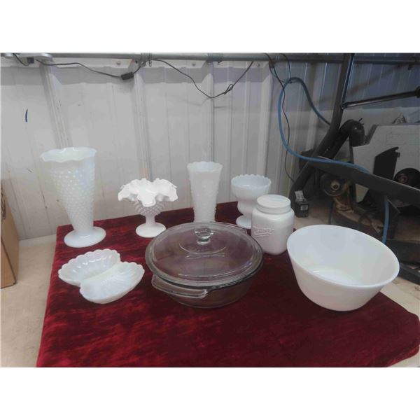 Anchor Milk Glass Vase , Candy Dish , Anchor Casserole Dish with Lid 
