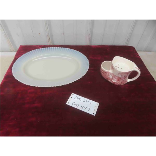 Milk Glass Macbeth Evans Platter, Vintage Shaving Mug