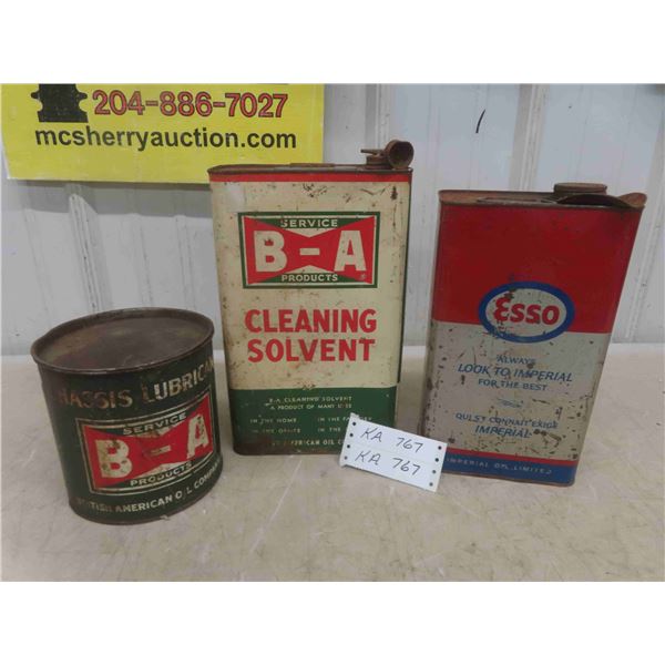 3 Vintage Cans : Esso, BA Solvent, Lubricant