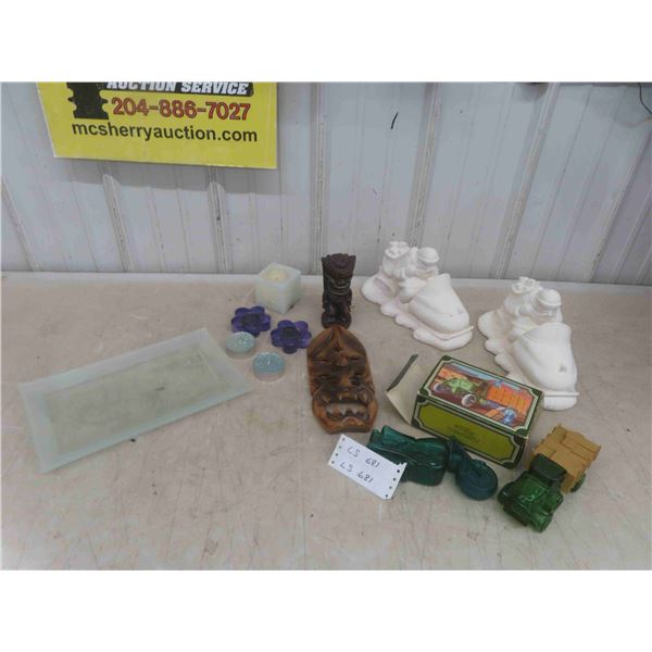Vintage Avon, Santa on a Snowmobile, Chalkware Candles, Wood Mask & More 