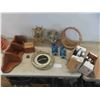 Image 1 : Corner What Not Shelf, 2 Ceramic Swans, Wall Clock, 2 Irons,Chineese Lantern, 