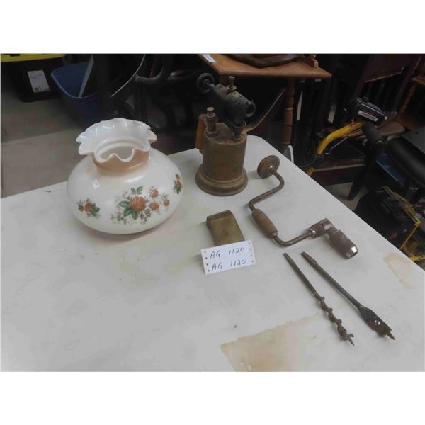 Vintage Blow Torch, Manual Hand Drill, Brass Box, Glass Lamp Shade