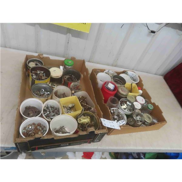 2 Boxes of Hardware: Pipe Clamps, Hinges, Latches, Bolts, Screws, 