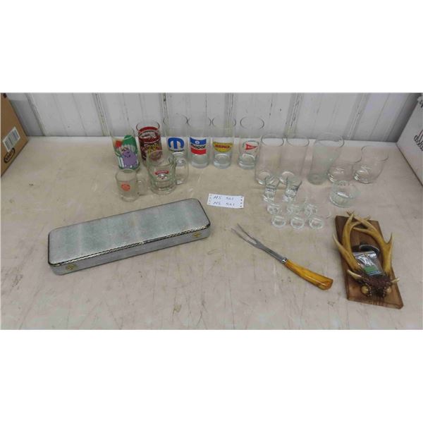 Glassware: Mopar, Champs, A&W, McDonalds, Carving Set, Unique Bottle Opener 