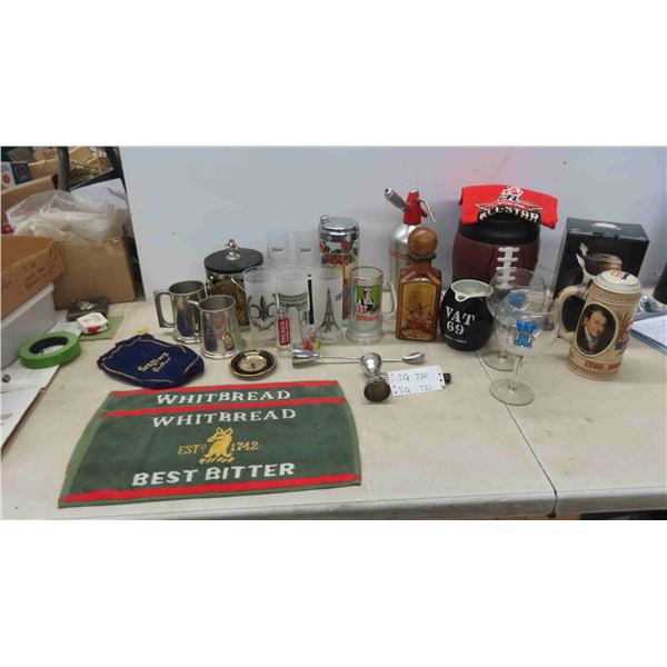 Bar Supplies: Soda Dispenser, Decanter, Ice Bucket, Seagrams Bag, Towel,