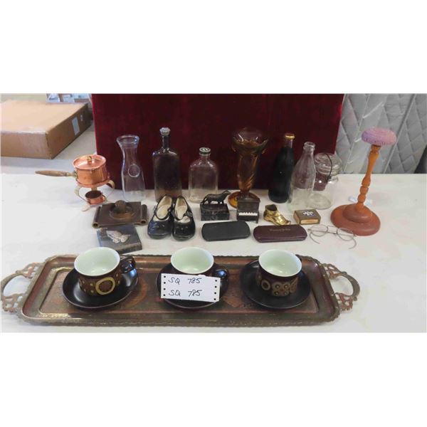 Brass Tray, Vintage Coke Bottles, Creamer, Childs Tap Shoes, Eye Glasses,