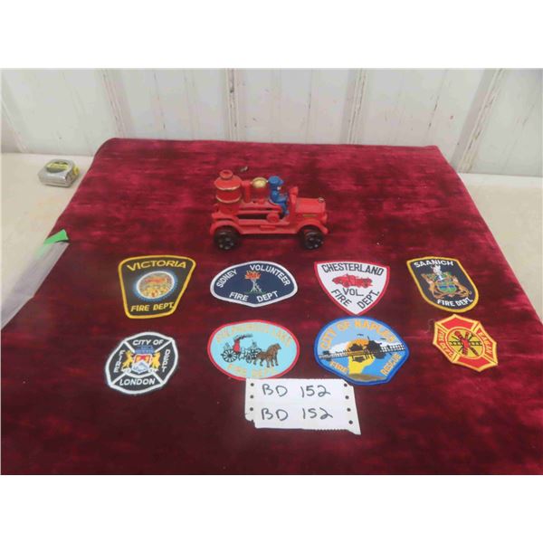 Cast Iron Fire Engine and 8 Vintage Fire Department Patches