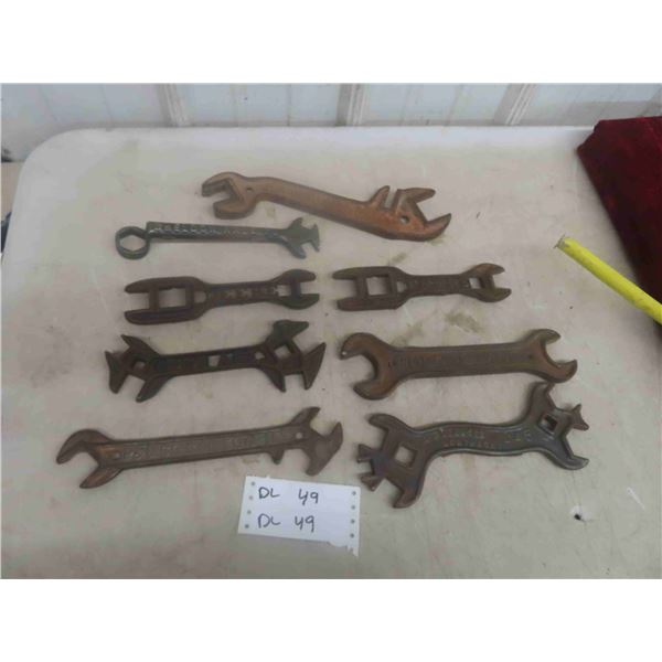8 Old Labelled Wrenches: Rock Island, Deere, Iron Age, Sheldon Axle, 