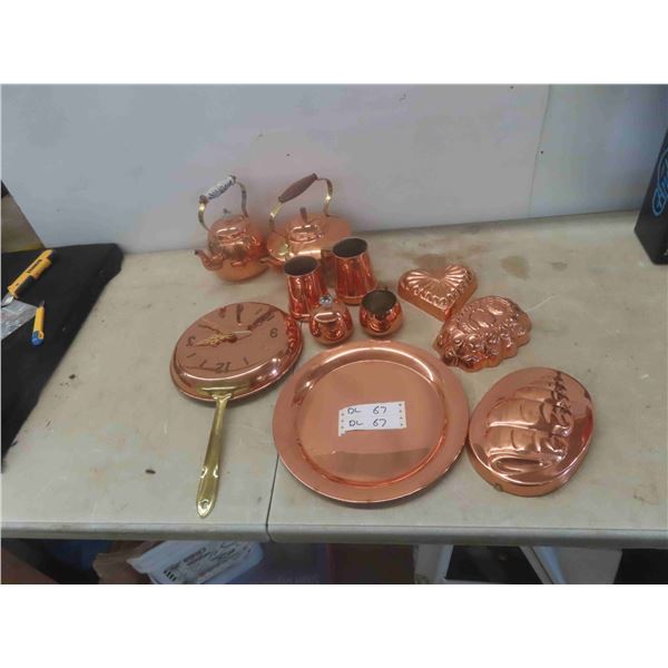 Copperware : Clock, Tea Pots, Plate, Cake Pans Molds, Cups 