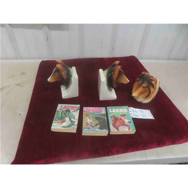 3 Lassie Little Big Books , Lassie Vase & Set of Book Ends