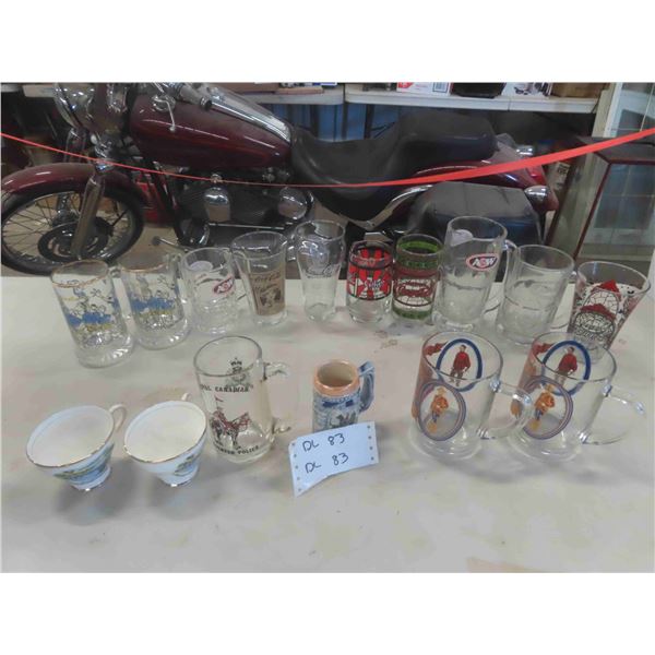 16 Glass Mugs, : A&W, RCMP, Coke, Plus