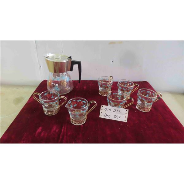 Vintage 7 Piece Gold Greek Key Turquoise Pine Cone Pattern Set 