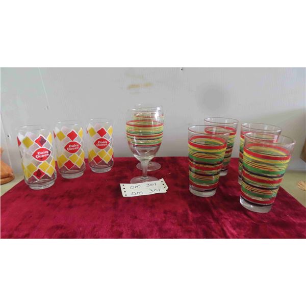 3 Dairy Queen Tall Glasses, 6 Fiesta Striped Glasses 