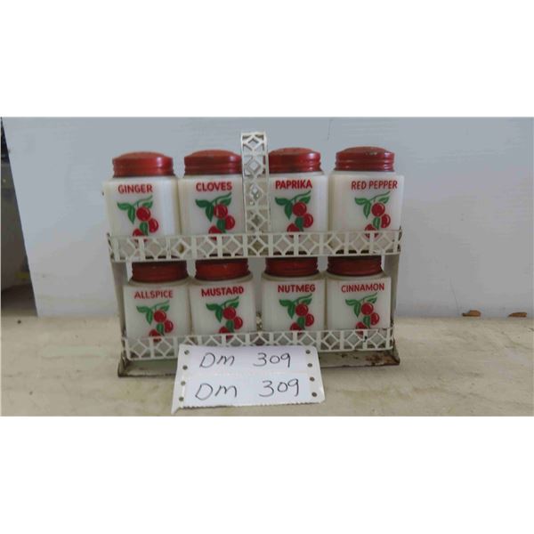 9 Piece Milk Glass Spice Jars with Metal Rack