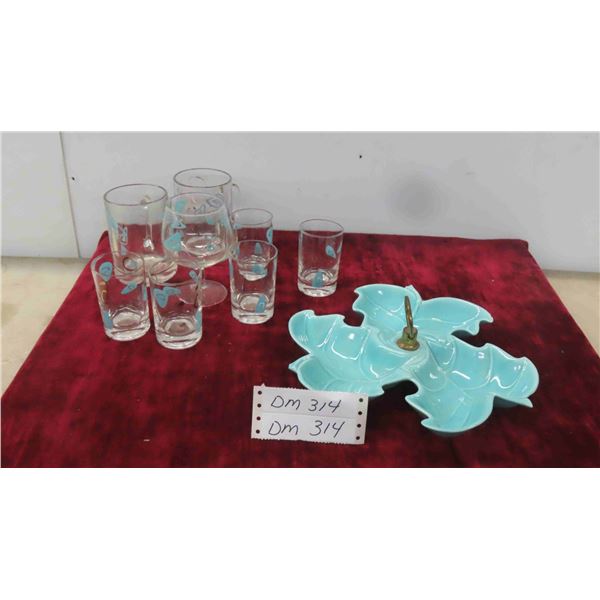 Atomic Teal Juice Glasses, Brandy Snifter, 2 Coffee Mugs, Vintage Blue