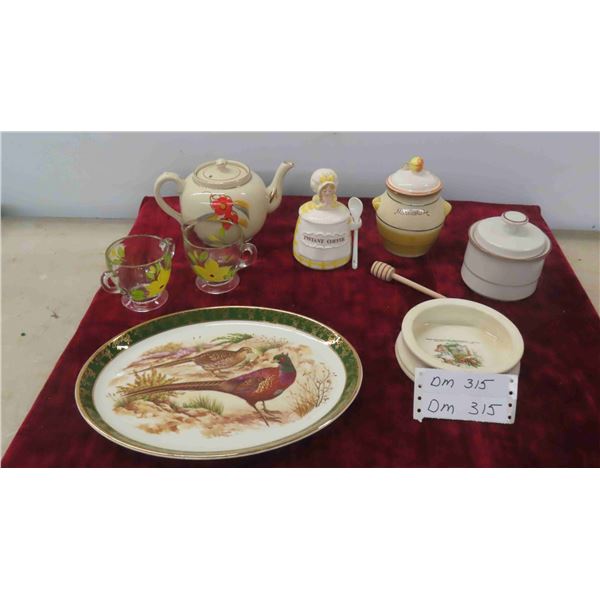 Tea Pot, Hand Painted Cream and Sugar, Serving Platter, Preserve Jars 