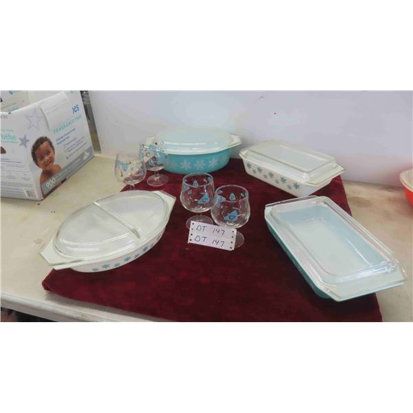 Vintage Turquoise Pyrex Snowflake Casserole 1.5 Divided, 2.5 Quart, 2 