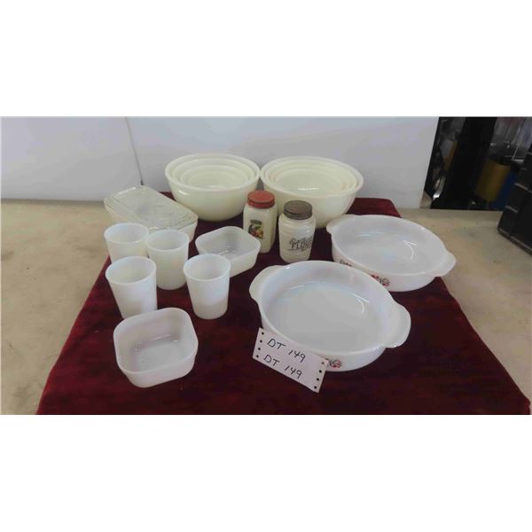 Fire King Mixing Bowls, Refrigerator Dishes, Bakeware, 4 Milk Glasses 