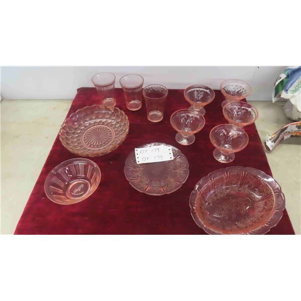 11 Pieces Pink Depression Glass 