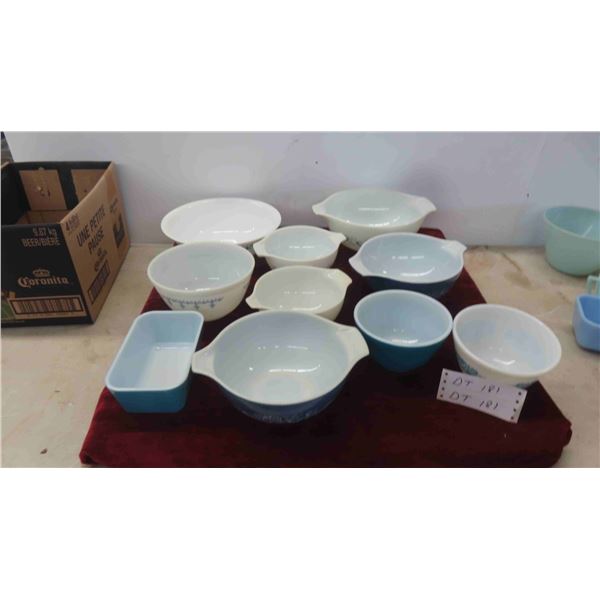 9 Vintage Blue and White Pyrex Mixing Bowls , 1 Covelle Serving Dish