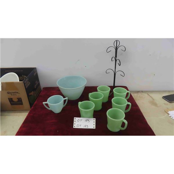 Vintage Turquoise Fireking Mixing Bowl, 6 Jadeite Mugs on Mug Tree