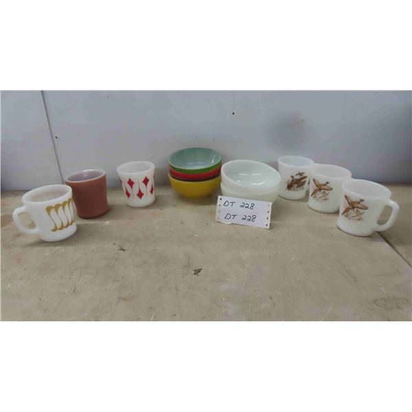 6 Fireking Mugs, 4 Coloured Bowls, 2 Milk Glass Bowls