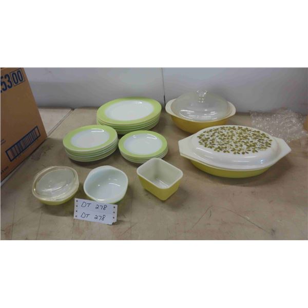 20 Pieces Yellow/Green Pyrex Dinnerware , 2 Casserole Dishes with 