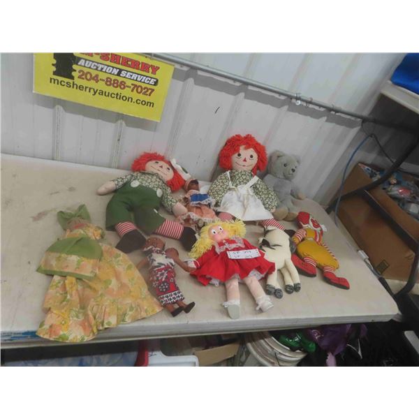 9 Stuffed Dolls: 17'' Ronald McDonald, 24'' Raggedy Anne & Others