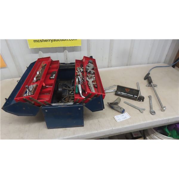 Metal Tool Box with Tools: Wrenches, Pipe Cutters, Various Wrenches,
