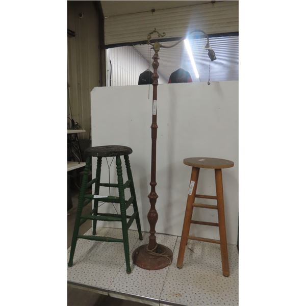 2 Wood Stools / Plant Stands , Bridge Lamp