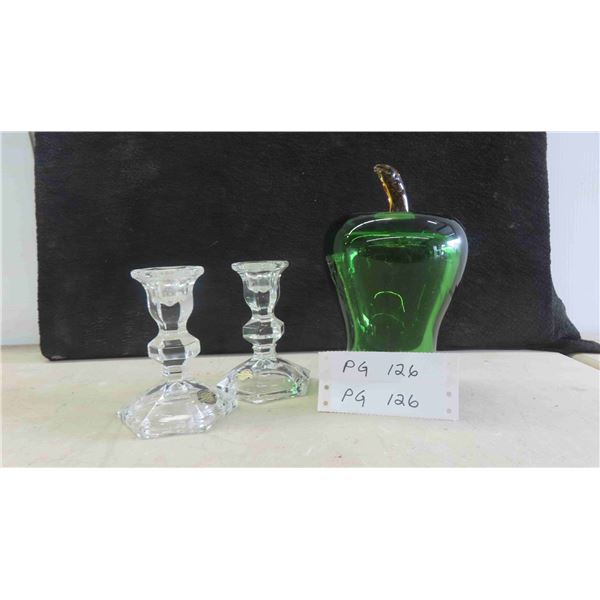 Green Apple Art Glass 8'' x 5'' , Matching Kaspar Bleikristall Candle 