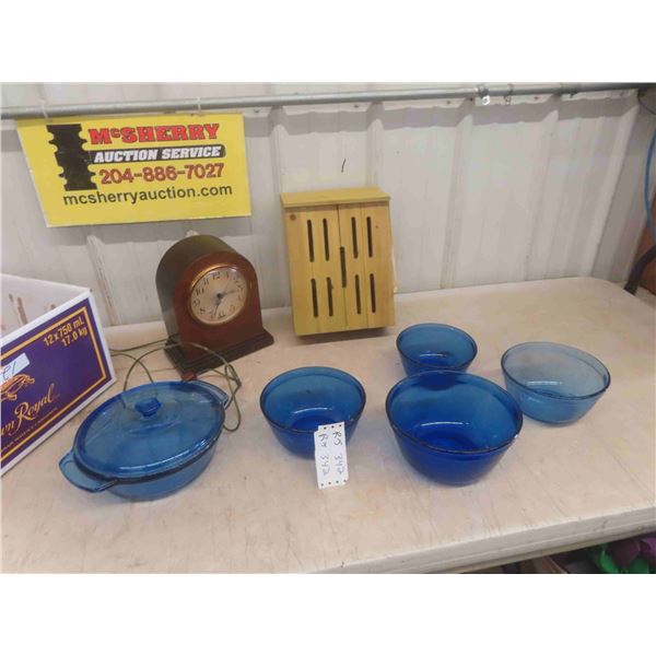 Cobalt Mixing Bowls , Covered Casserole Dish, Mantle Clock, Butterfly