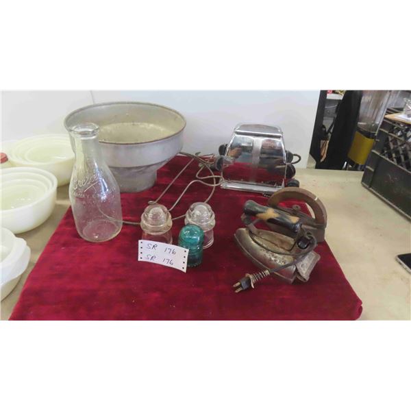 Insulators, Glass Milk Bottle, Vintage Toaster, Irons & Milk Strainer