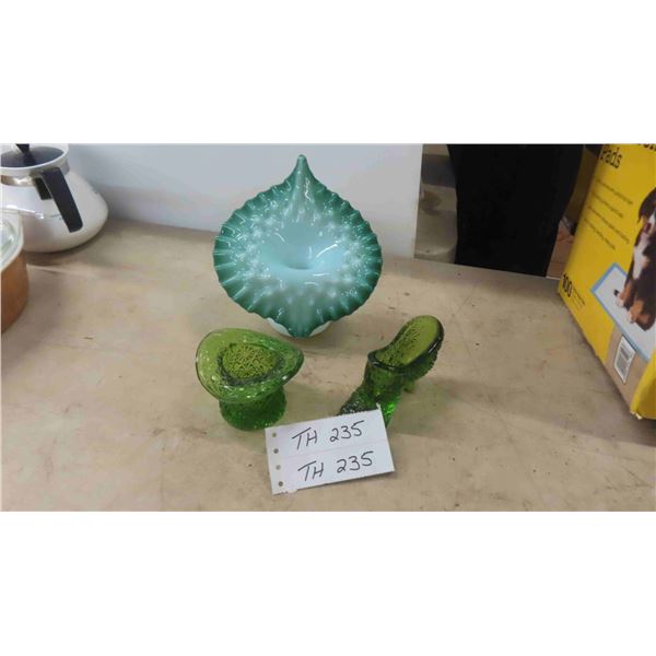 3 Blown Glass Vases: Jack in the Pulpit, Green Glass Shoe, Top Hat