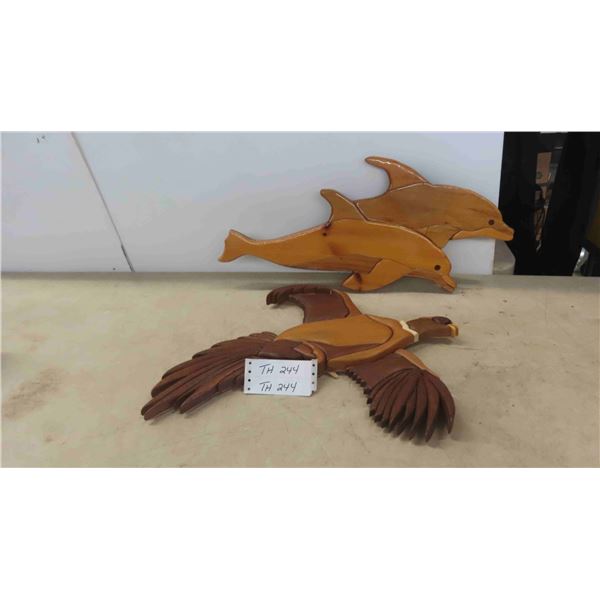 2 Wood Sculpted Display : Dolphins  22'' x 10'' , Bird 20'' x 16''