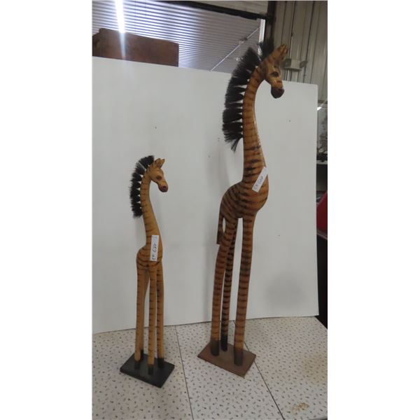 2 Wood Carved Giraffe Ornaments - Tallest is 46''