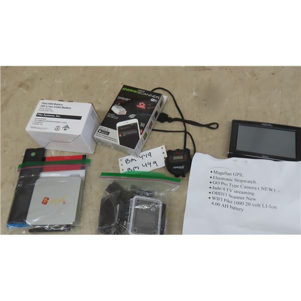 Magellan GPS, Electronic Stopwatch, New Go Pro Type Camera, 