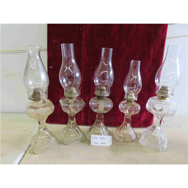 5 Oil Lamps with Chimneys