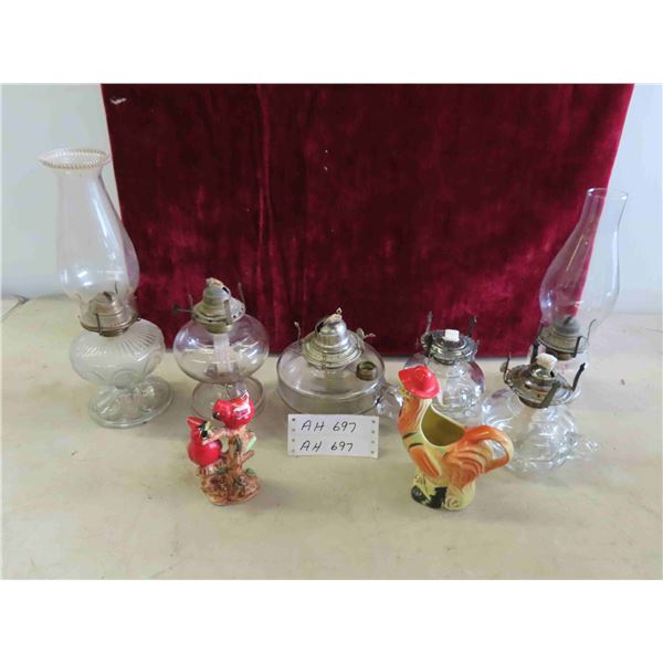 6 Oil Lamps (2 with Chimneys), 2 Figurine : Shafford Hand Painted 