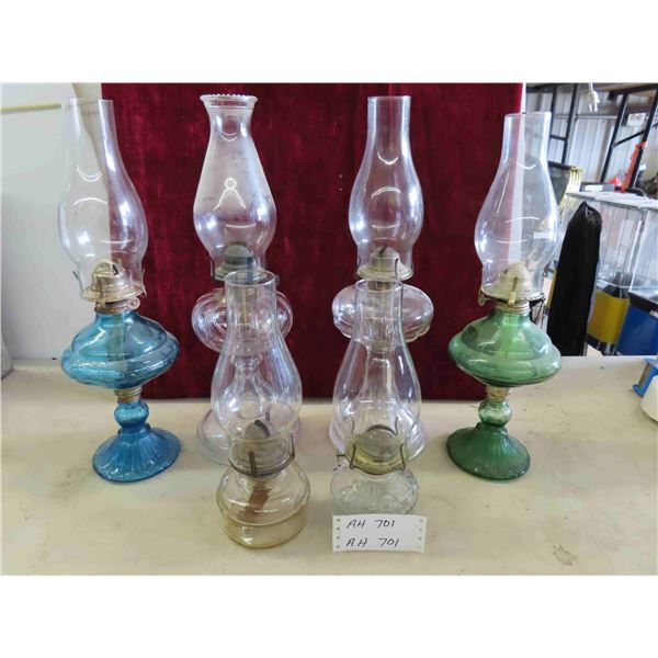 6 Oil Lamps - 2 with Colored Bases