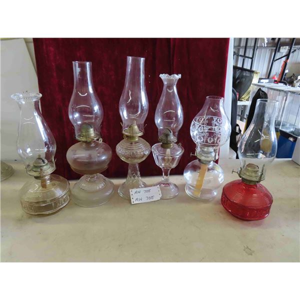 6 Oil Lamps with Chimneys - 1 with Red Base