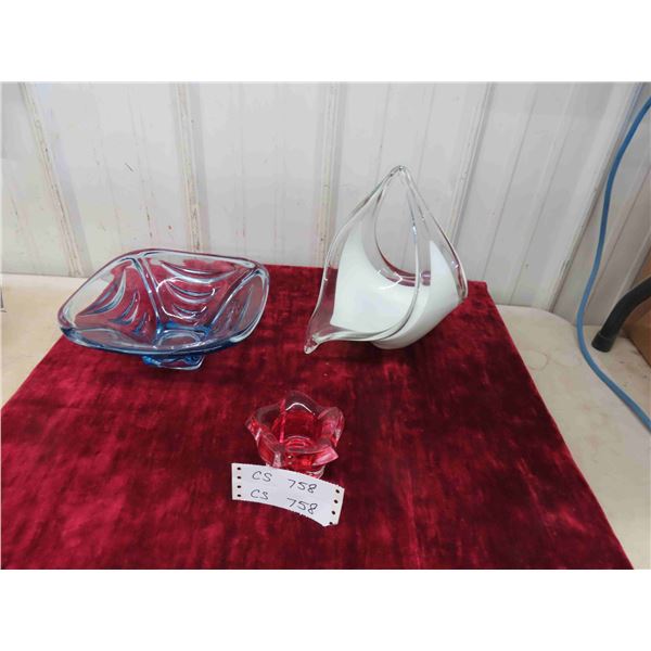 Murano White Art Glass, Blue Glass Bowl, Small Red Piece