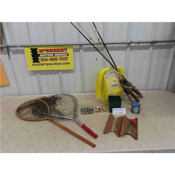 Fishing Package: 4 Rods, 1 Reel , 2 Nets (1 Vintage) , Minnow Keeper, 