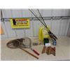 Image 1 : Fishing Package: 4 Rods, 1 Reel , 2 Nets (1 Vintage) , Minnow Keeper, 