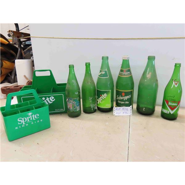 6 Large Green Bottles Some with Paper Labels : Sprite, Stubby, 