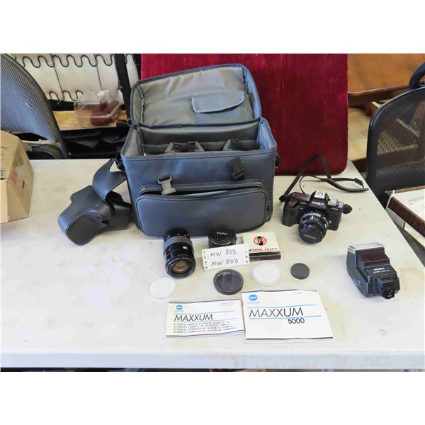 Minolta 35mm Camera with Flash, Lens, Filters & Case