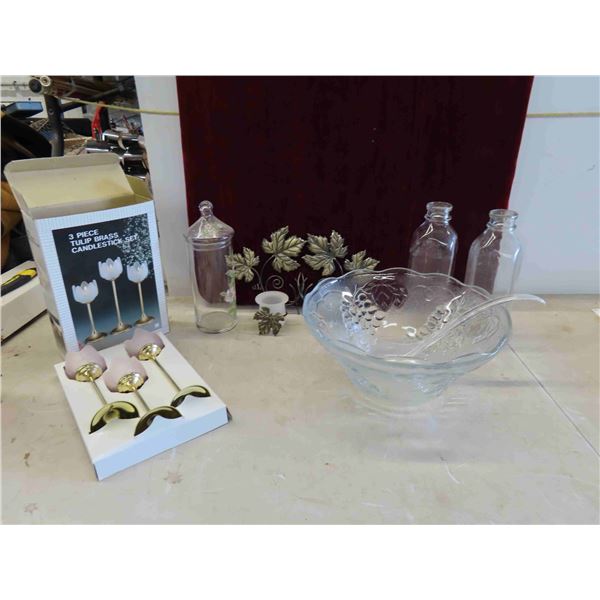 Punch Bowl, 2 Vintage Milk Bottles, New 3 Piece Brass Tulip Candlestick 